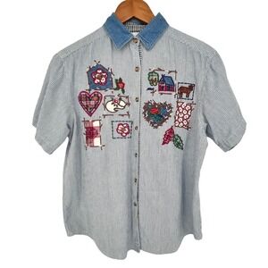 Casey & Max Button Down Shirt Womens Medium Blue Pinstripe Embroidered Patchwork